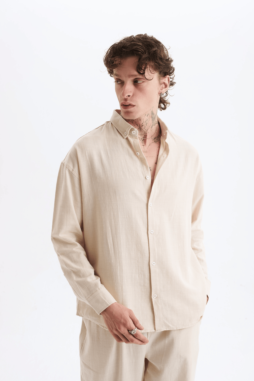 Erkek %100 Pamuklu Keten Görünümlü Pantolon Gömlek Takım Bej