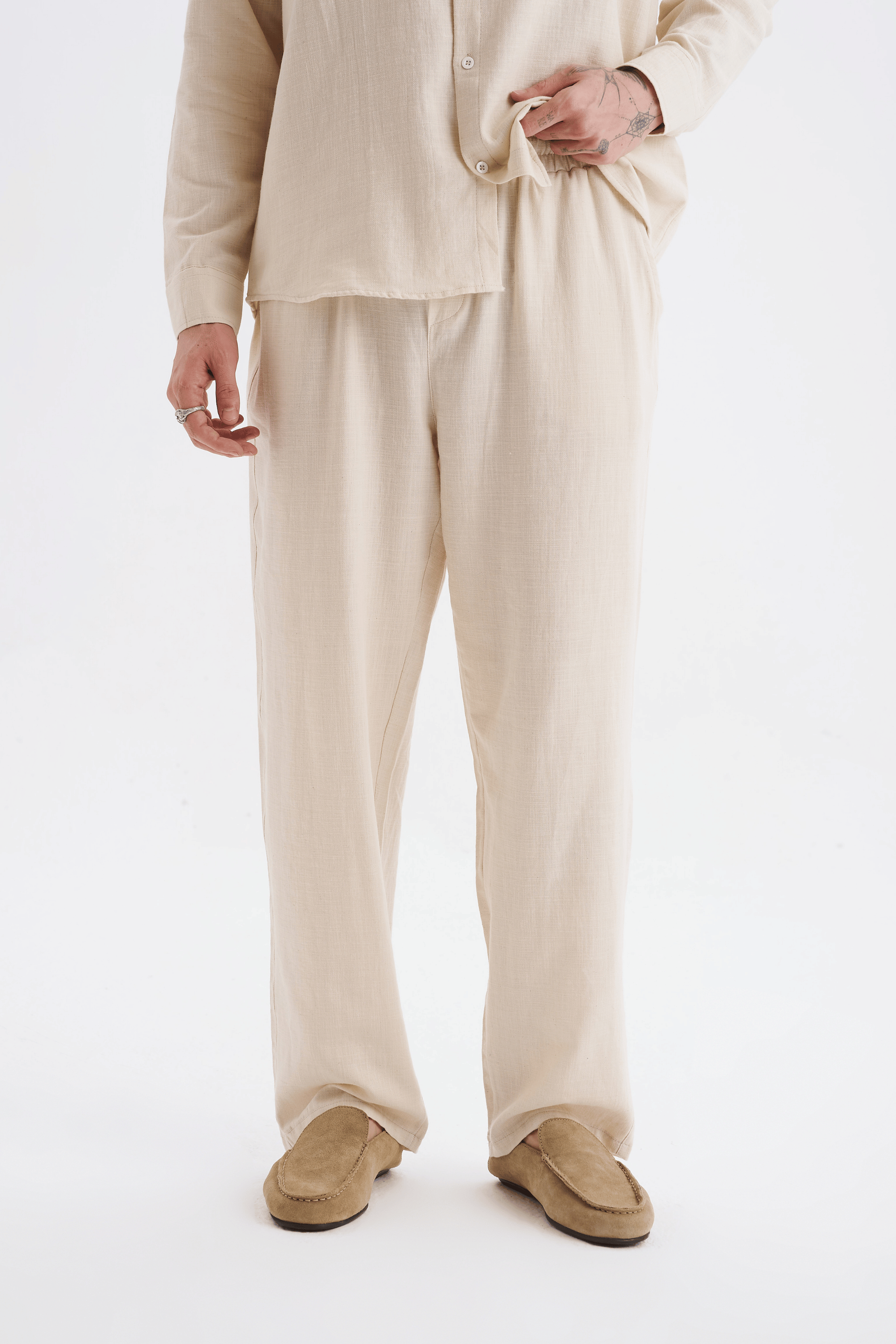 Erkek %100 Pamuklu Keten Görünümlü Pantolon Gömlek Takım Bej