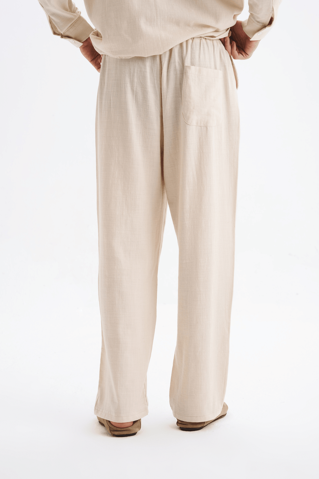 Erkek %100 Pamuklu Keten Görünümlü Pantolon Gömlek Takım Bej