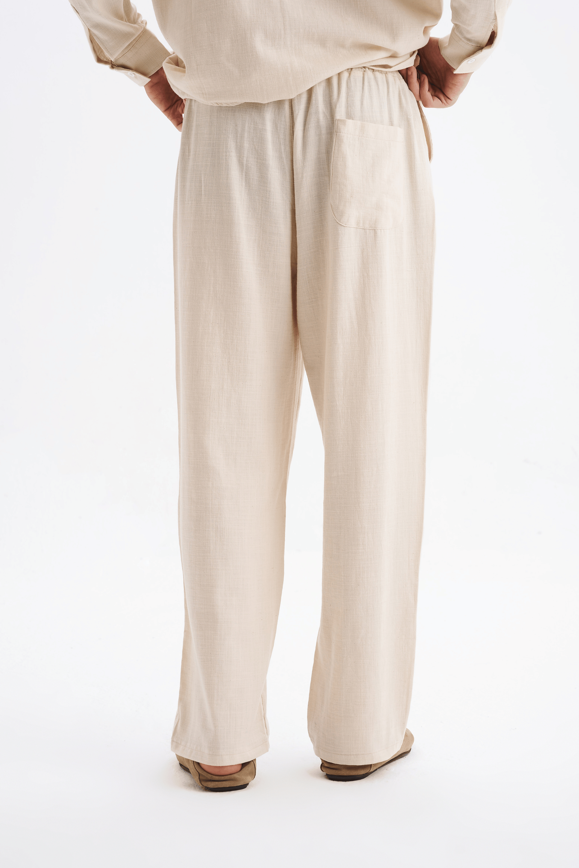 Erkek %100 Pamuklu Keten Görünümlü Pantolon Gömlek Takım Bej