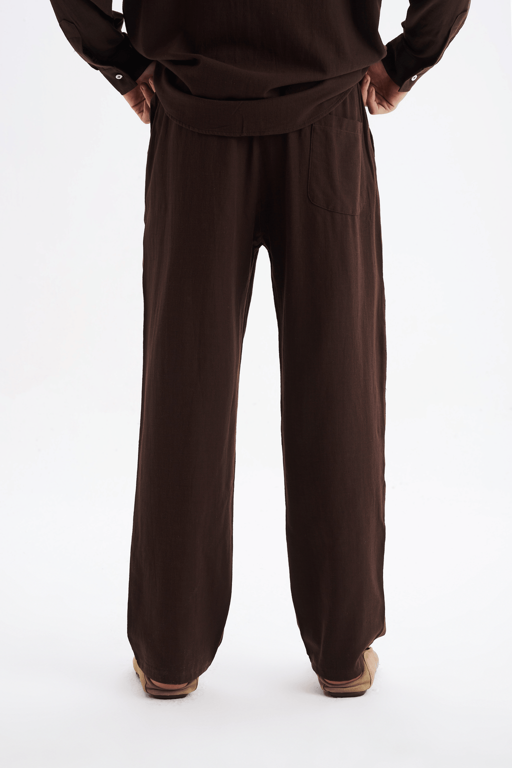 Erkek %100 Pamuklu Keten Görünümlü Pantolon Gömlek Takım Kahverengi