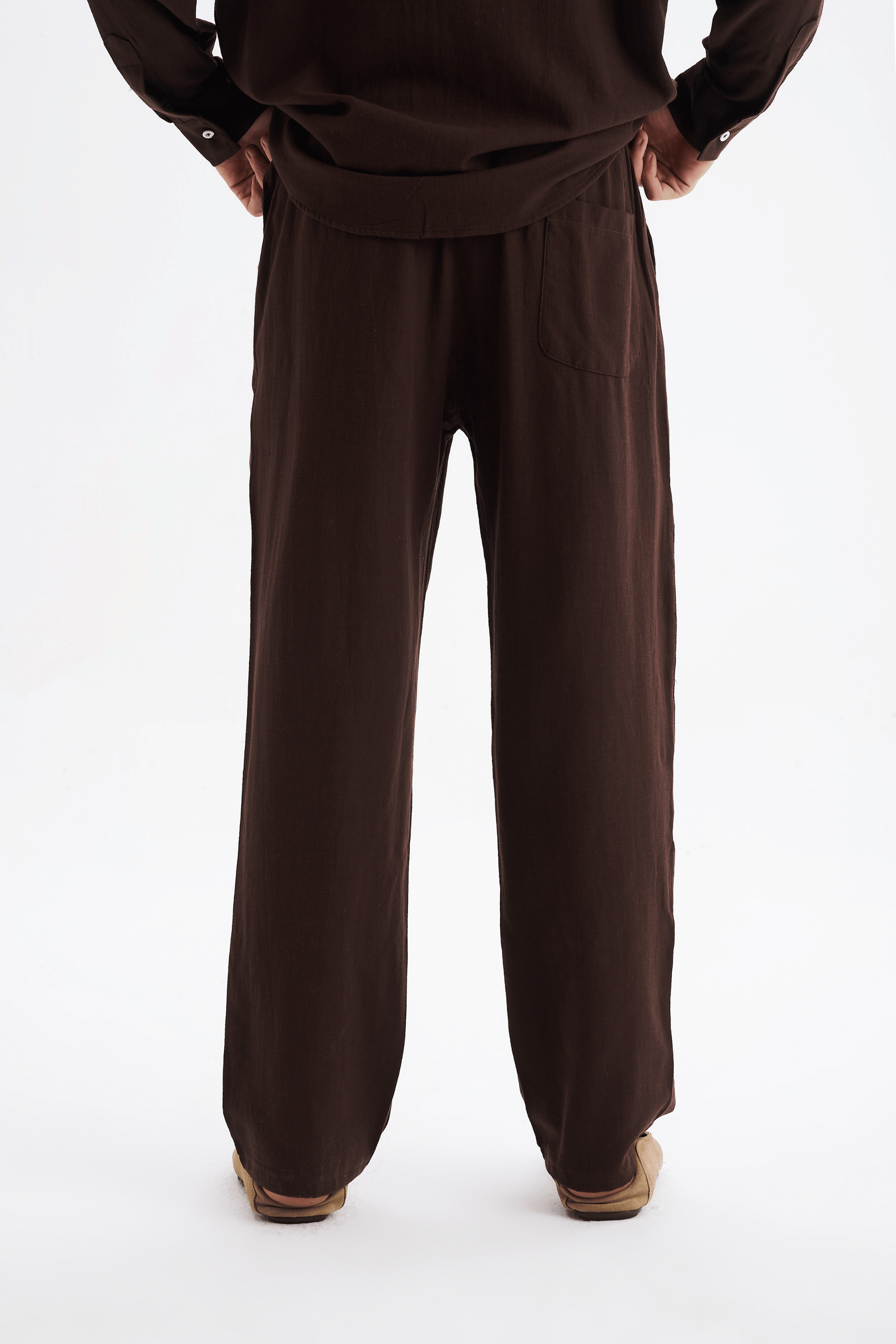 Erkek %100 Pamuklu Keten Görünümlü Pantolon Gömlek Takım Kahverengi