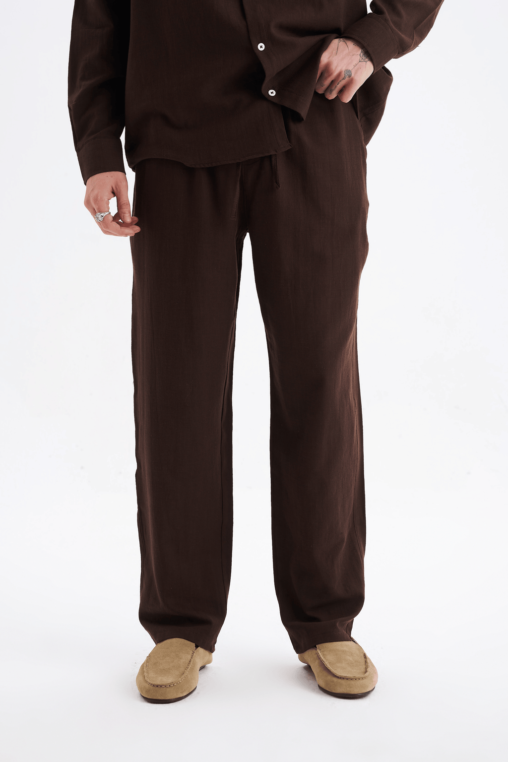Erkek %100 Pamuklu Keten Görünümlü Pantolon Gömlek Takım Kahverengi