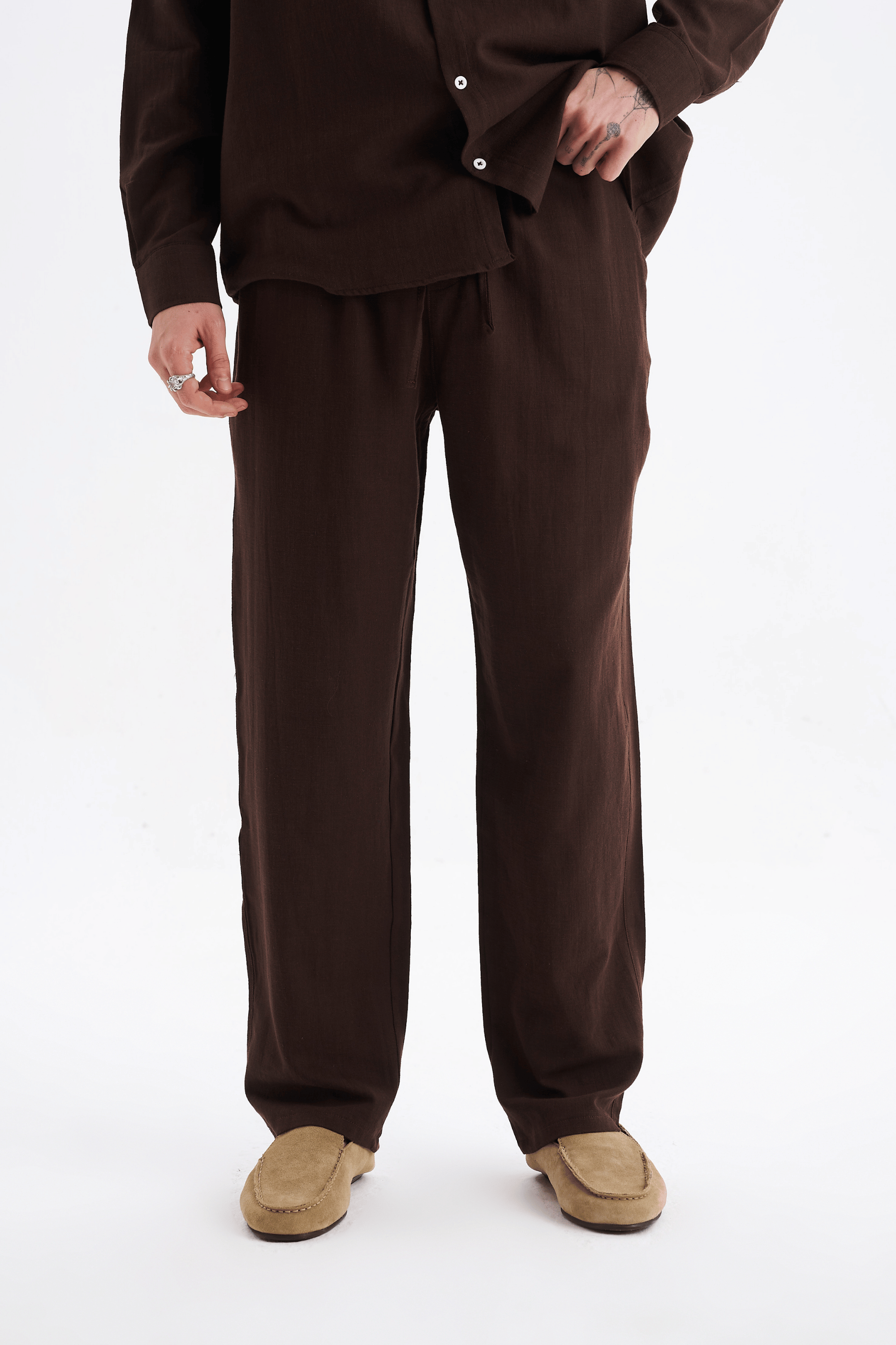 Erkek %100 Pamuklu Keten Görünümlü Pantolon Gömlek Takım Kahverengi