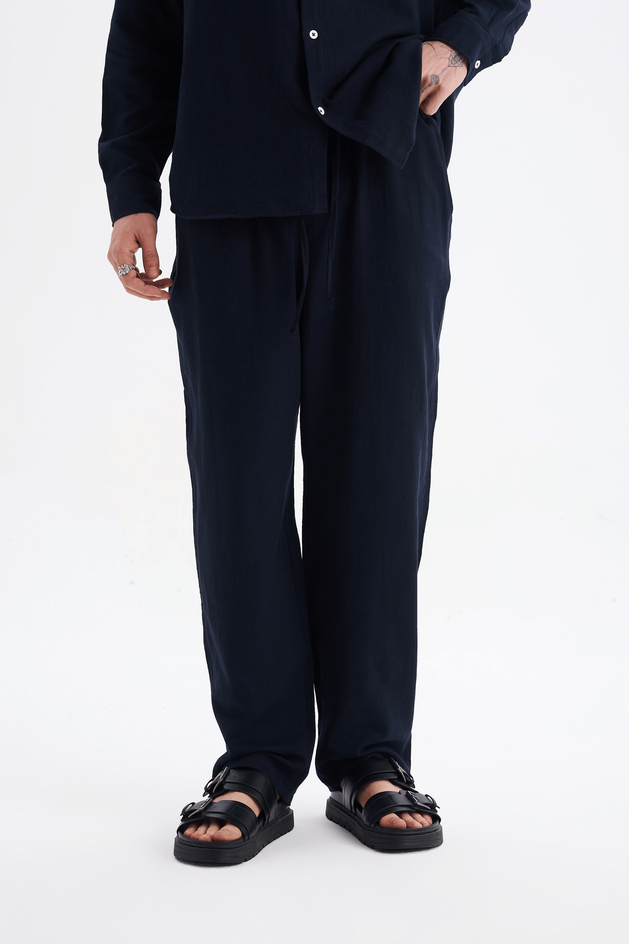 Erkek %100 Pamuklu Keten Görünümlü Pantolon Gömlek Takım Lacivert