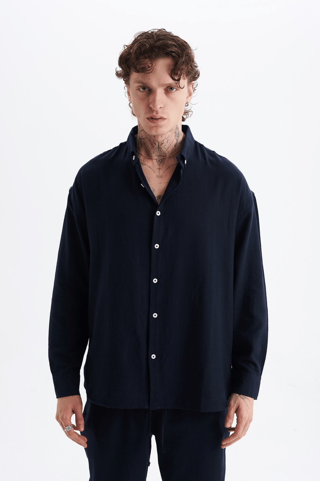 Erkek %100 Pamuklu Keten Görünümlü Pantolon Gömlek Takım Lacivert