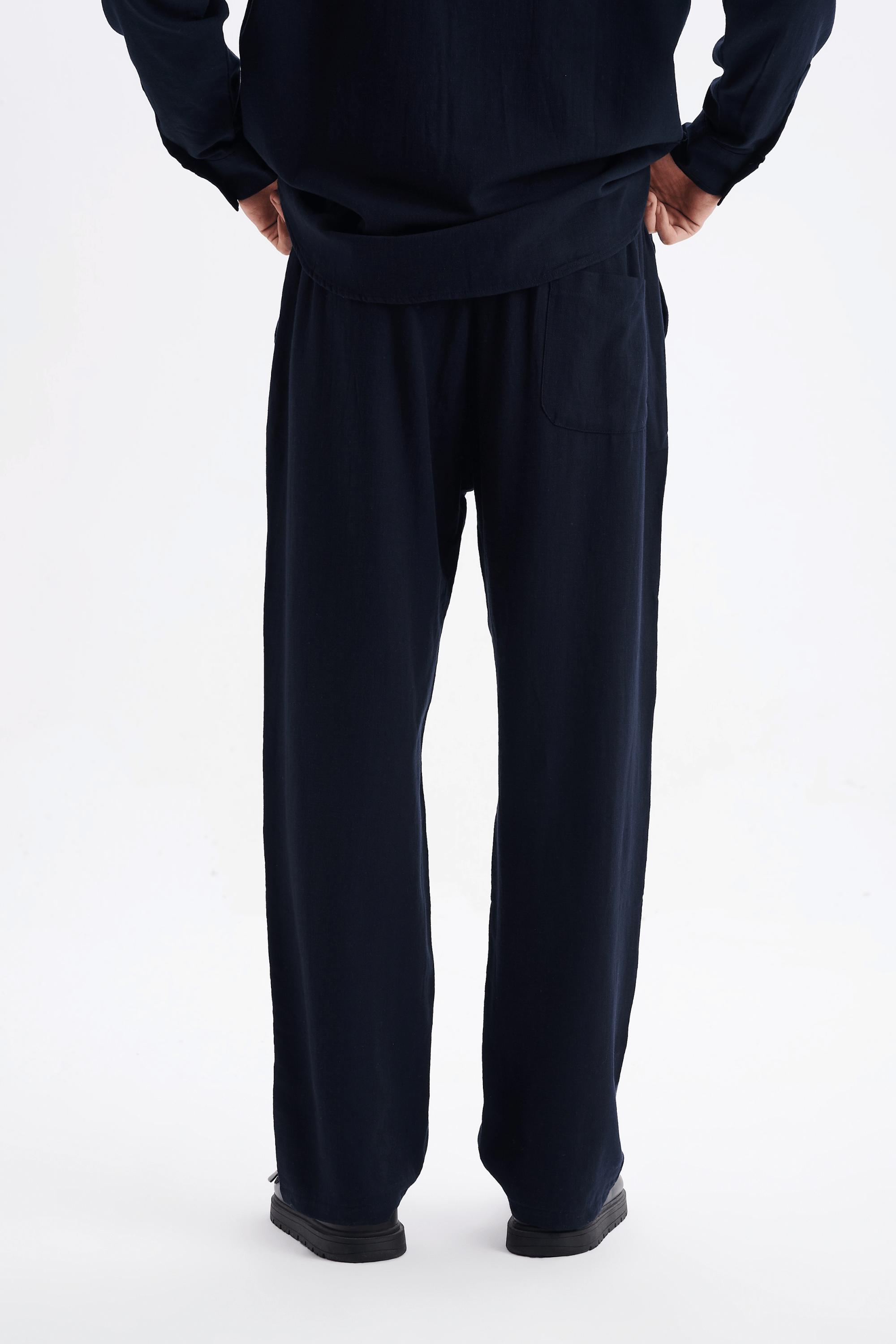 Erkek %100 Pamuklu Keten Görünümlü Pantolon Gömlek Takım Lacivert