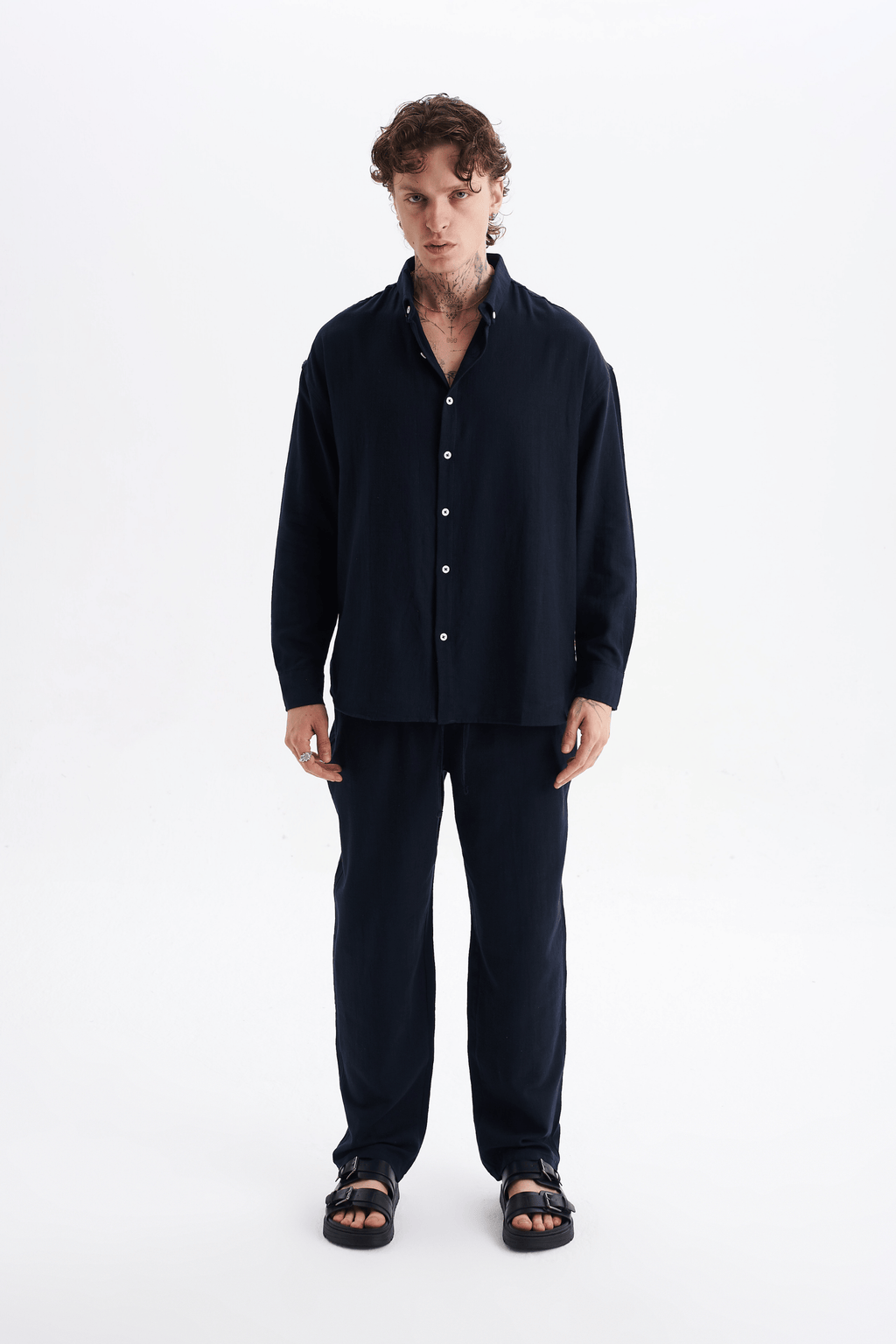 Erkek %100 Pamuklu Keten Görünümlü Pantolon Gömlek Takım Lacivert