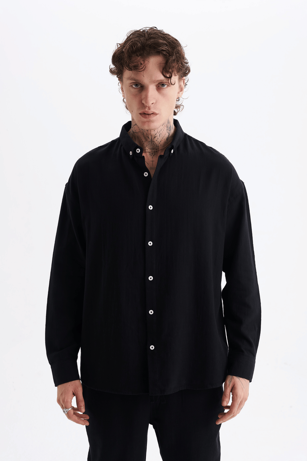 Erkek %100 Pamuklu Keten Görünümlü Pantolon Gömlek Takım Siyah