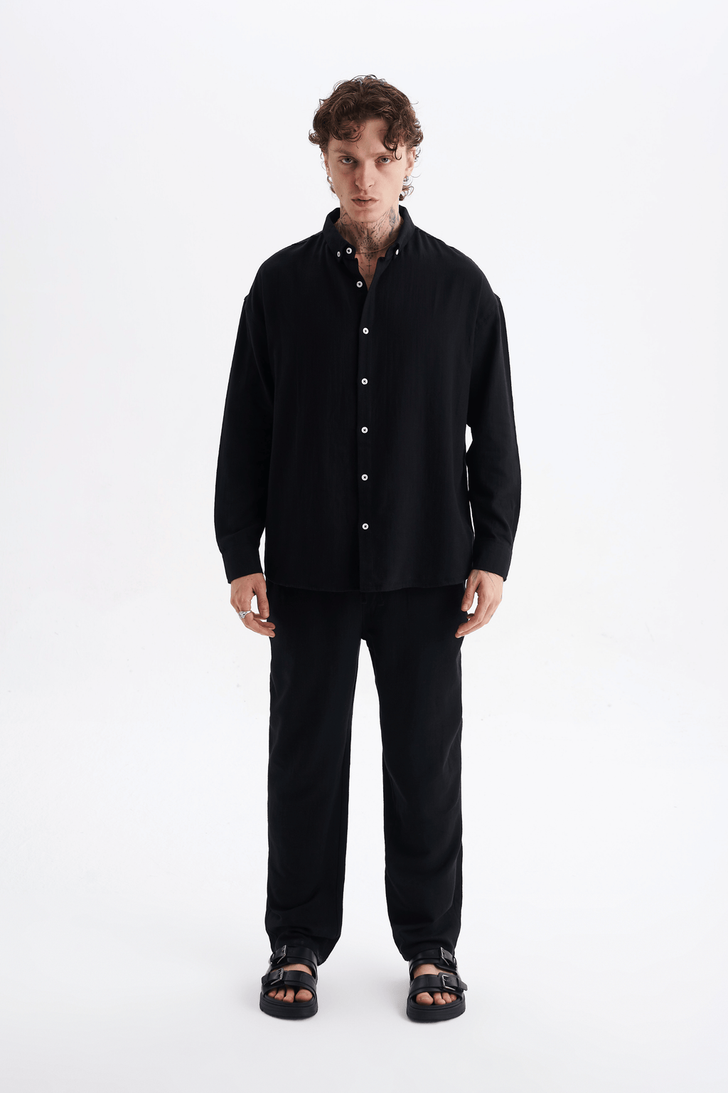 Erkek %100 Pamuklu Keten Görünümlü Pantolon Gömlek Takım Siyah