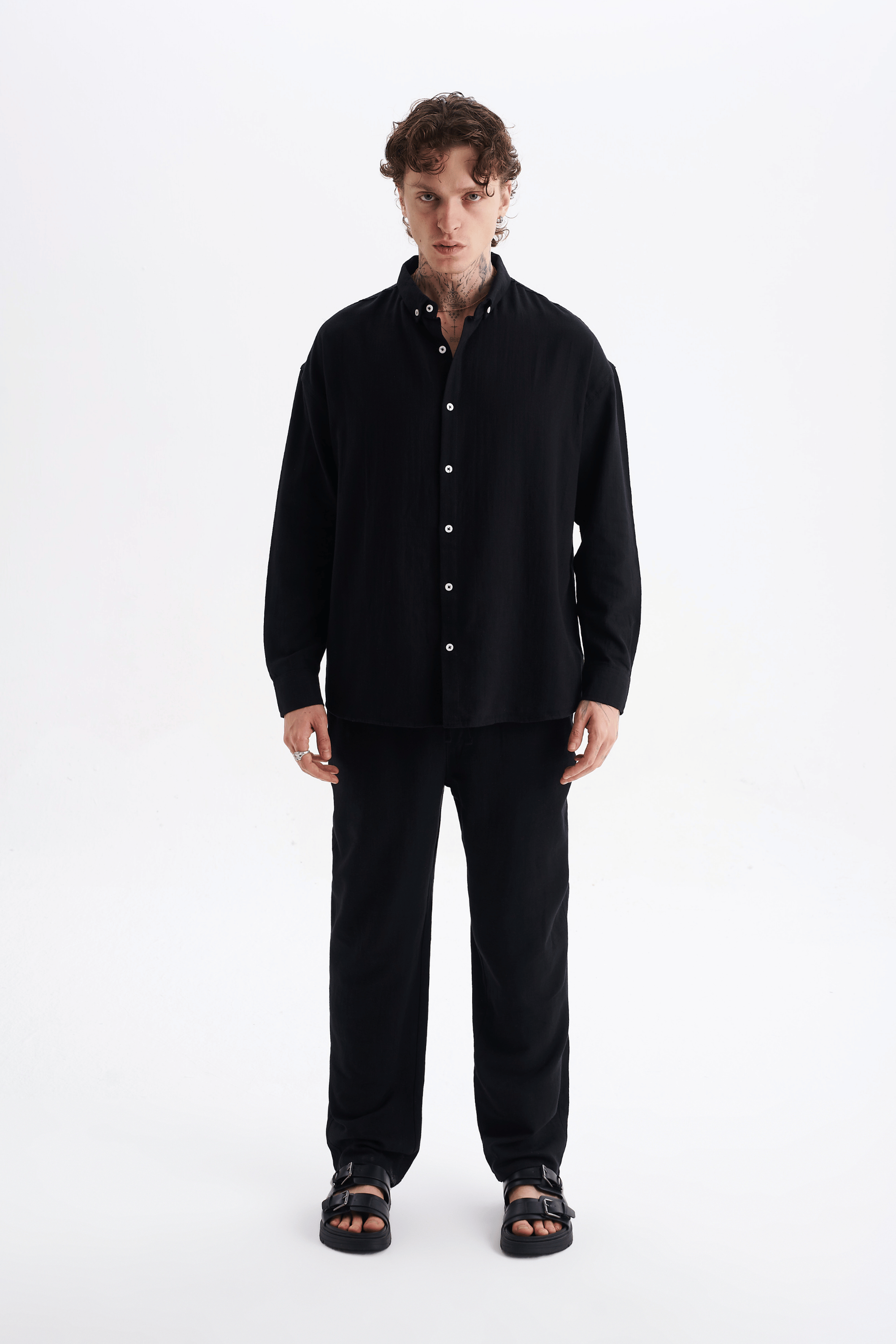 Erkek %100 Pamuklu Keten Görünümlü Pantolon Gömlek Takım Siyah