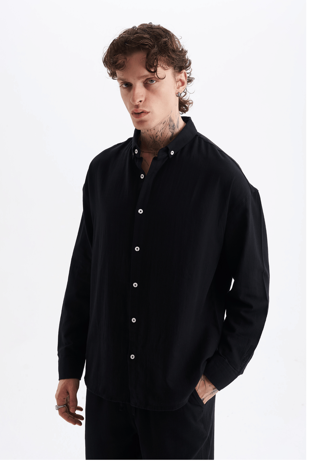 Erkek %100 Pamuklu Keten Görünümlü Pantolon Gömlek Takım Siyah