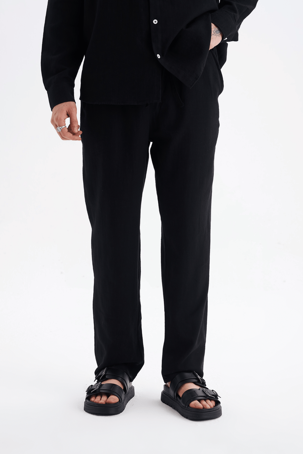 Erkek %100 Pamuklu Keten Görünümlü Pantolon Gömlek Takım Siyah