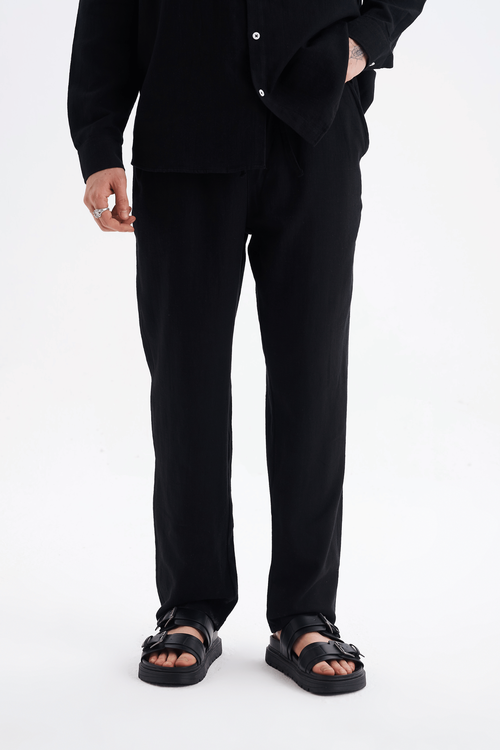 Erkek %100 Pamuklu Keten Görünümlü Pantolon Gömlek Takım Siyah