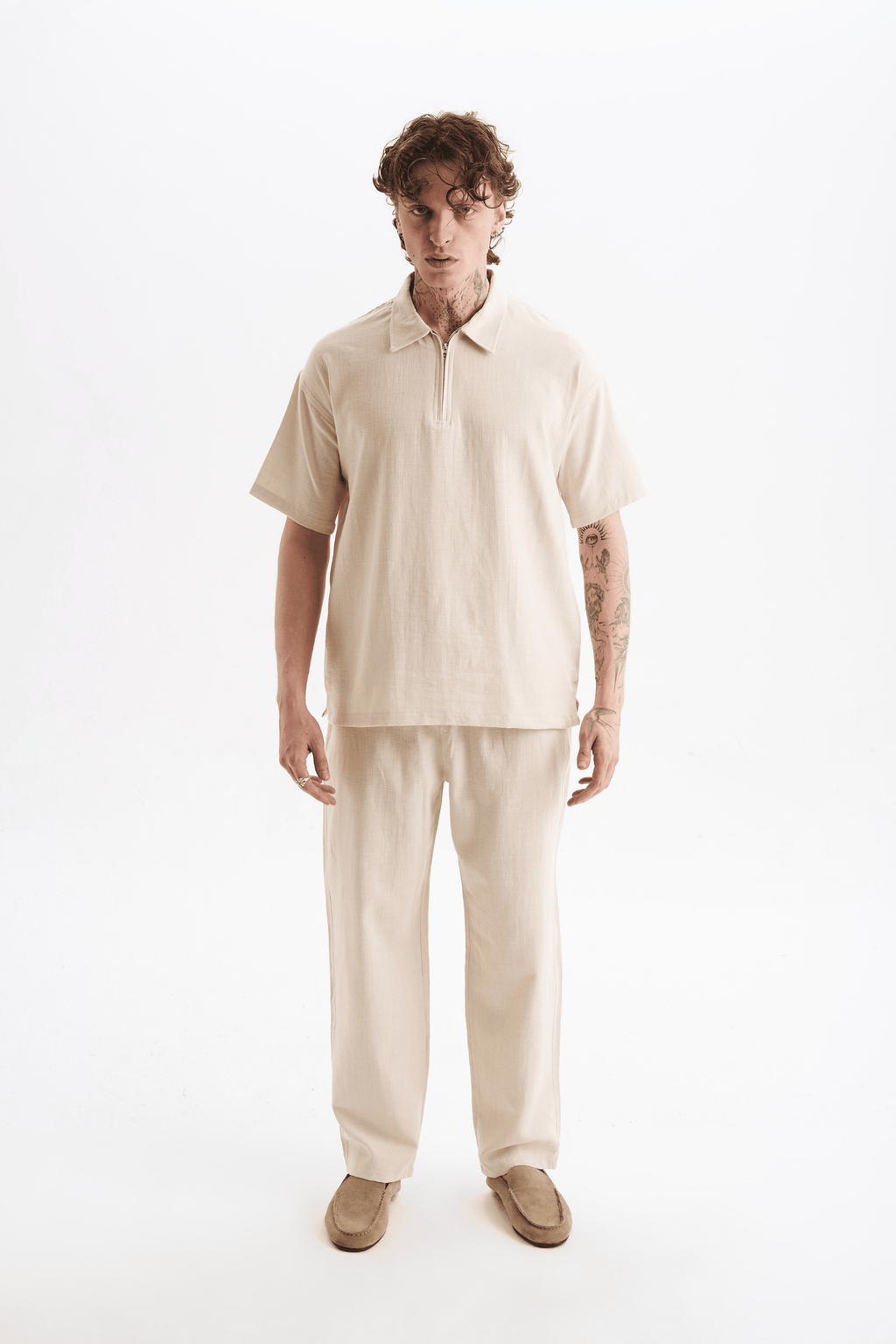 Erkek %100 Pamuklu Keten Görünümlü Pantolon Tshirt Takım Bej