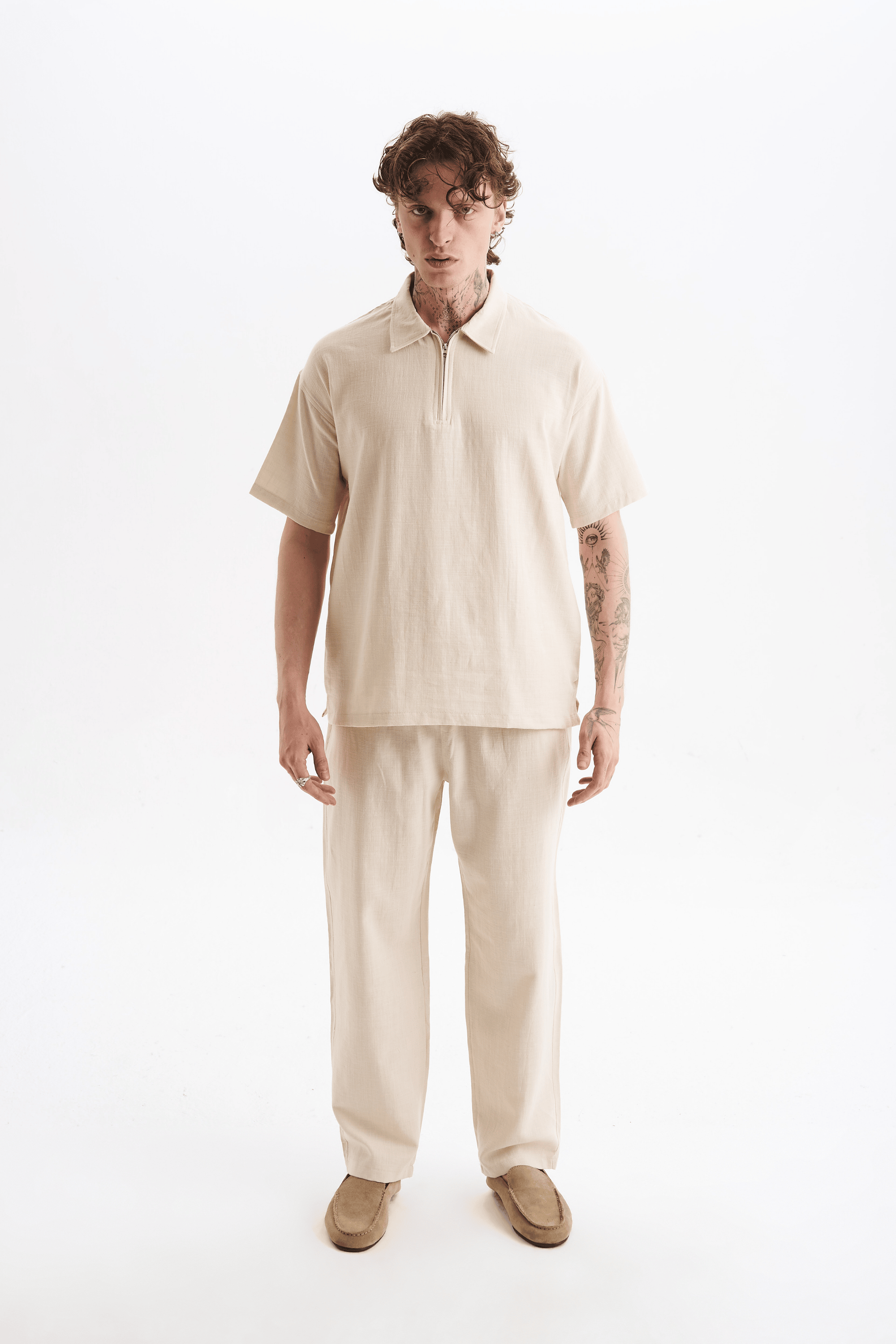 Erkek %100 Pamuklu Keten Görünümlü Pantolon Tshirt Takım Bej
