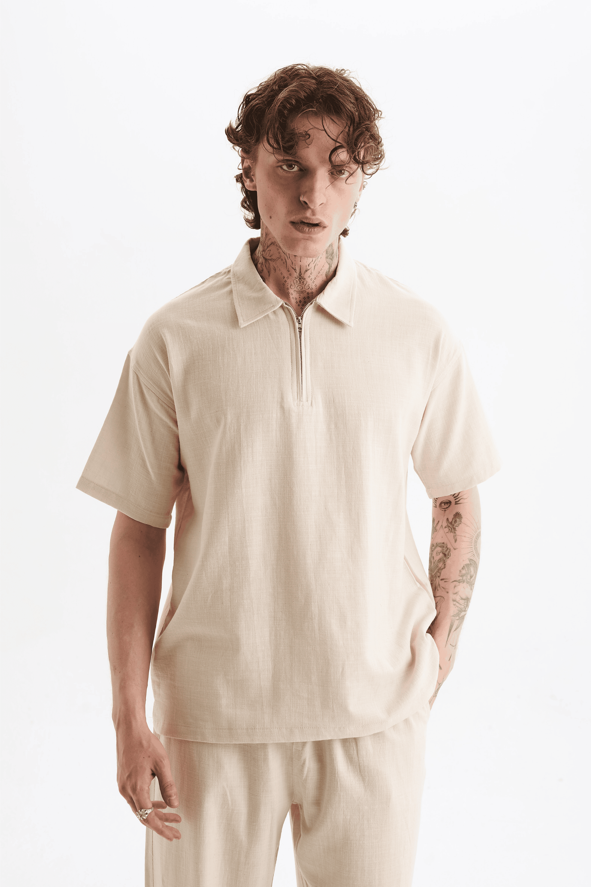 Erkek %100 Pamuklu Keten Görünümlü Pantolon Tshirt Takım Bej