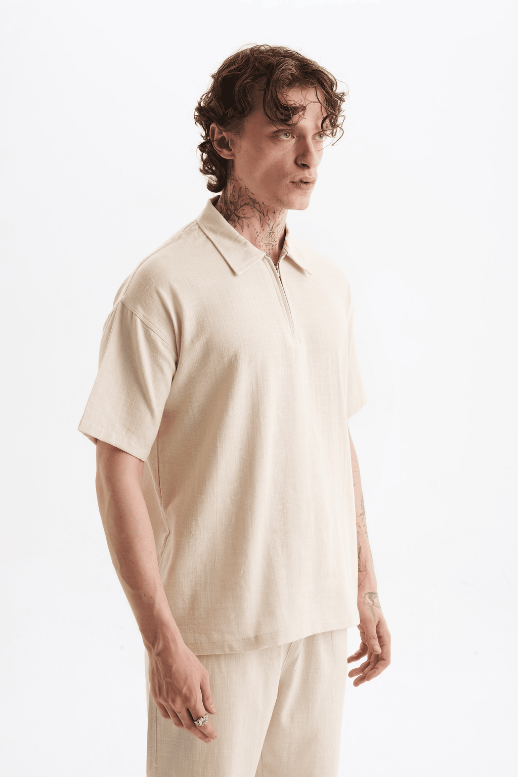 Erkek %100 Pamuklu Keten Görünümlü Pantolon Tshirt Takım Bej