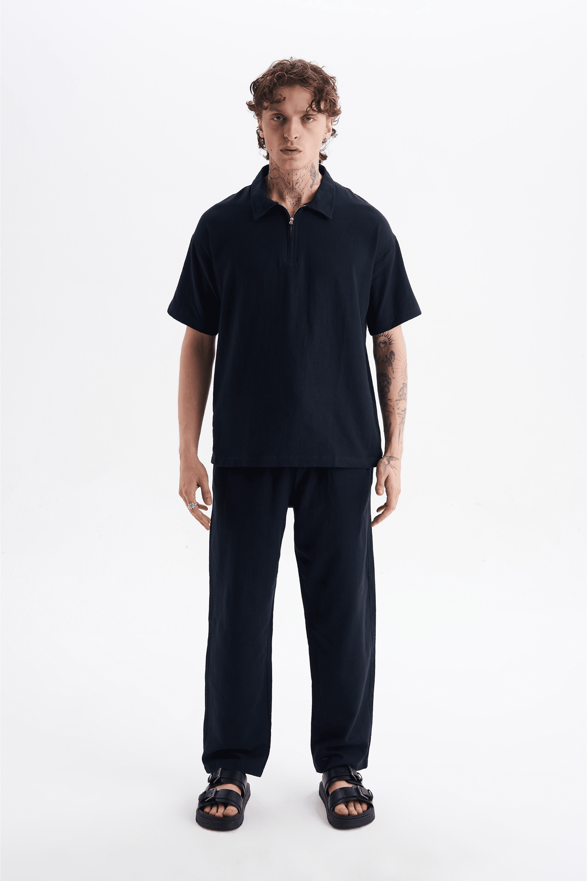 Erkek %100 Pamuklu Keten Görünümlü Pantolon Tshirt Takım Lacivert