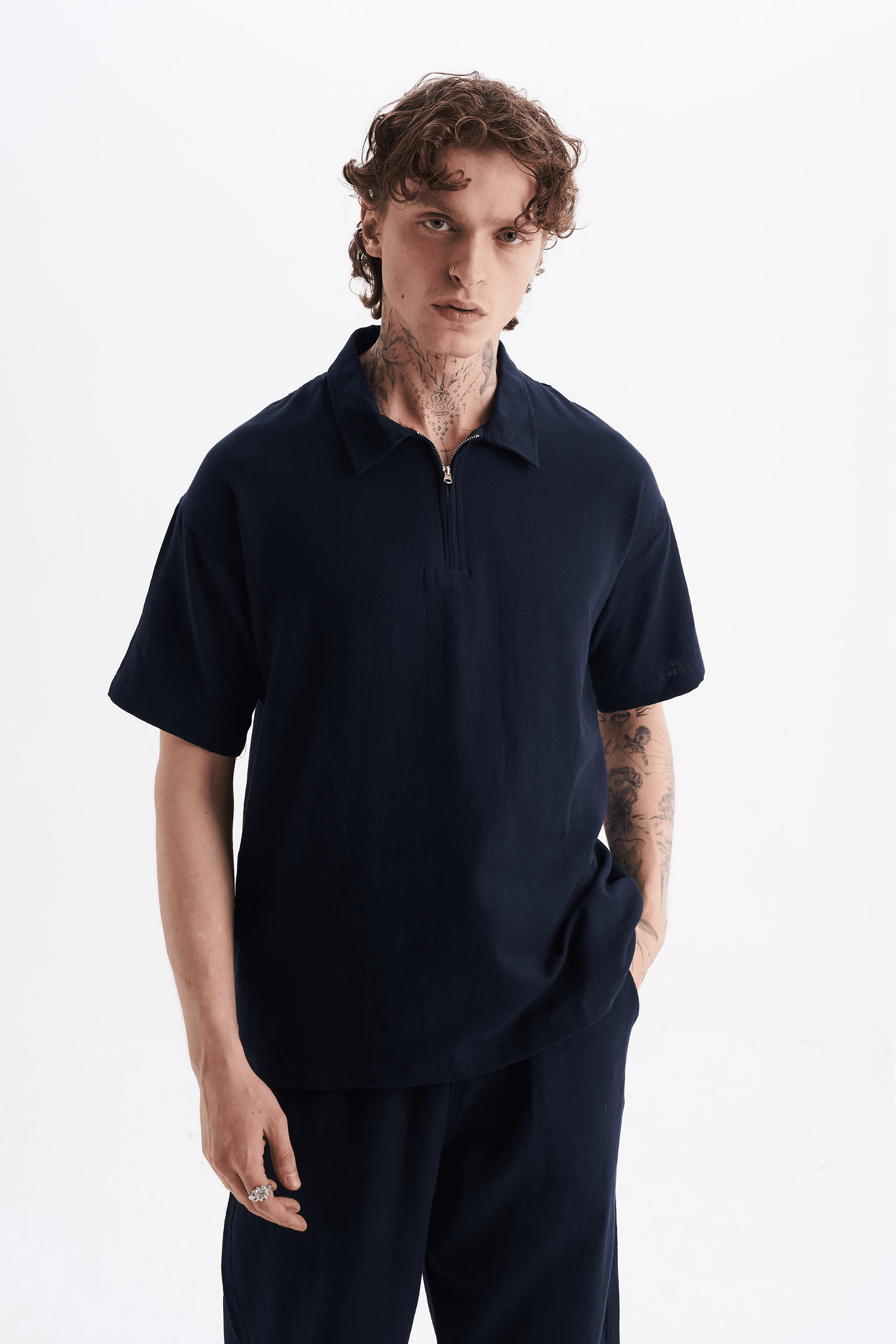 Erkek %100 Pamuklu Keten Görünümlü Pantolon Tshirt Takım Lacivert