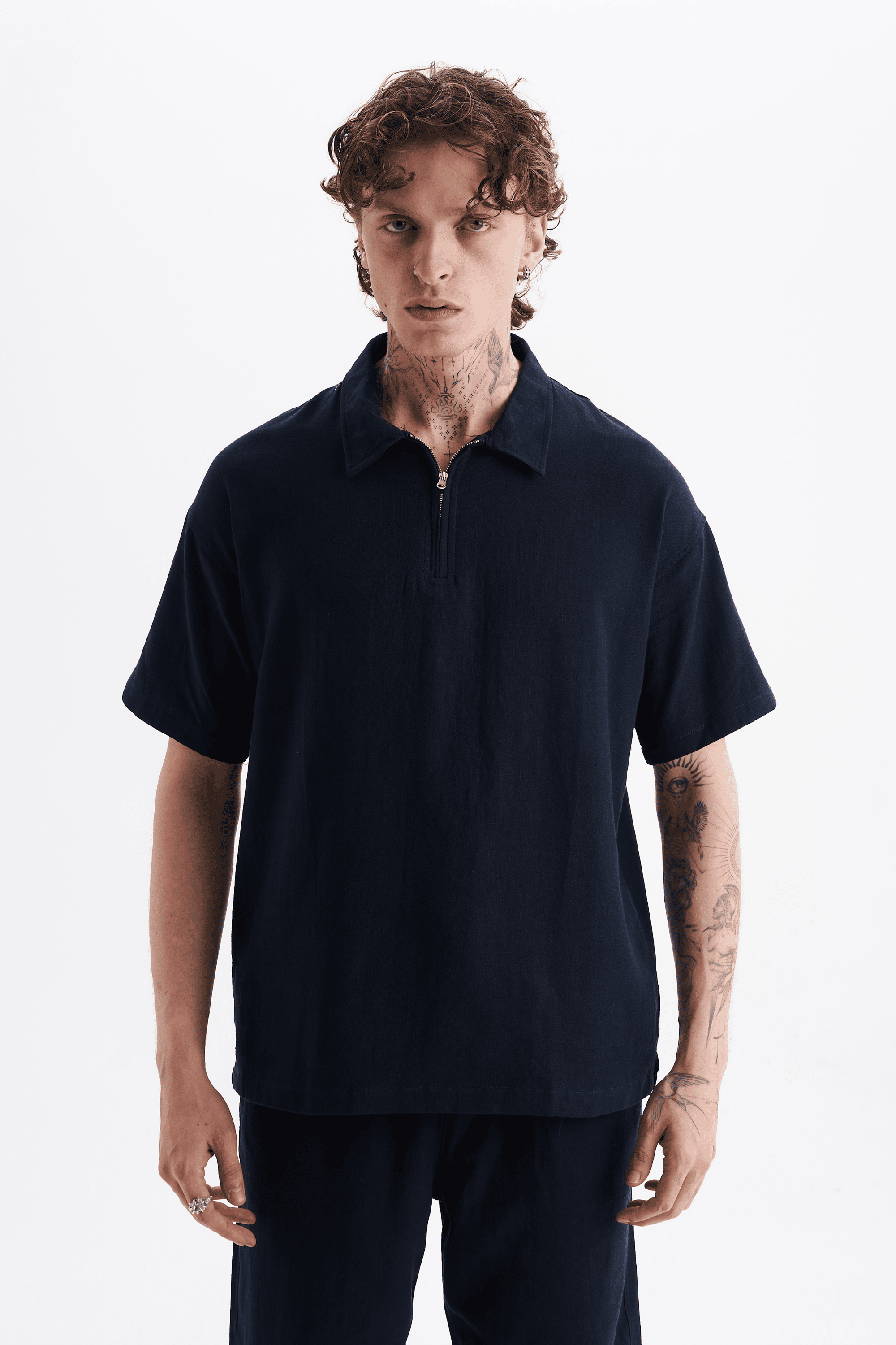 Erkek %100 Pamuklu Keten Görünümlü Pantolon Tshirt Takım Lacivert