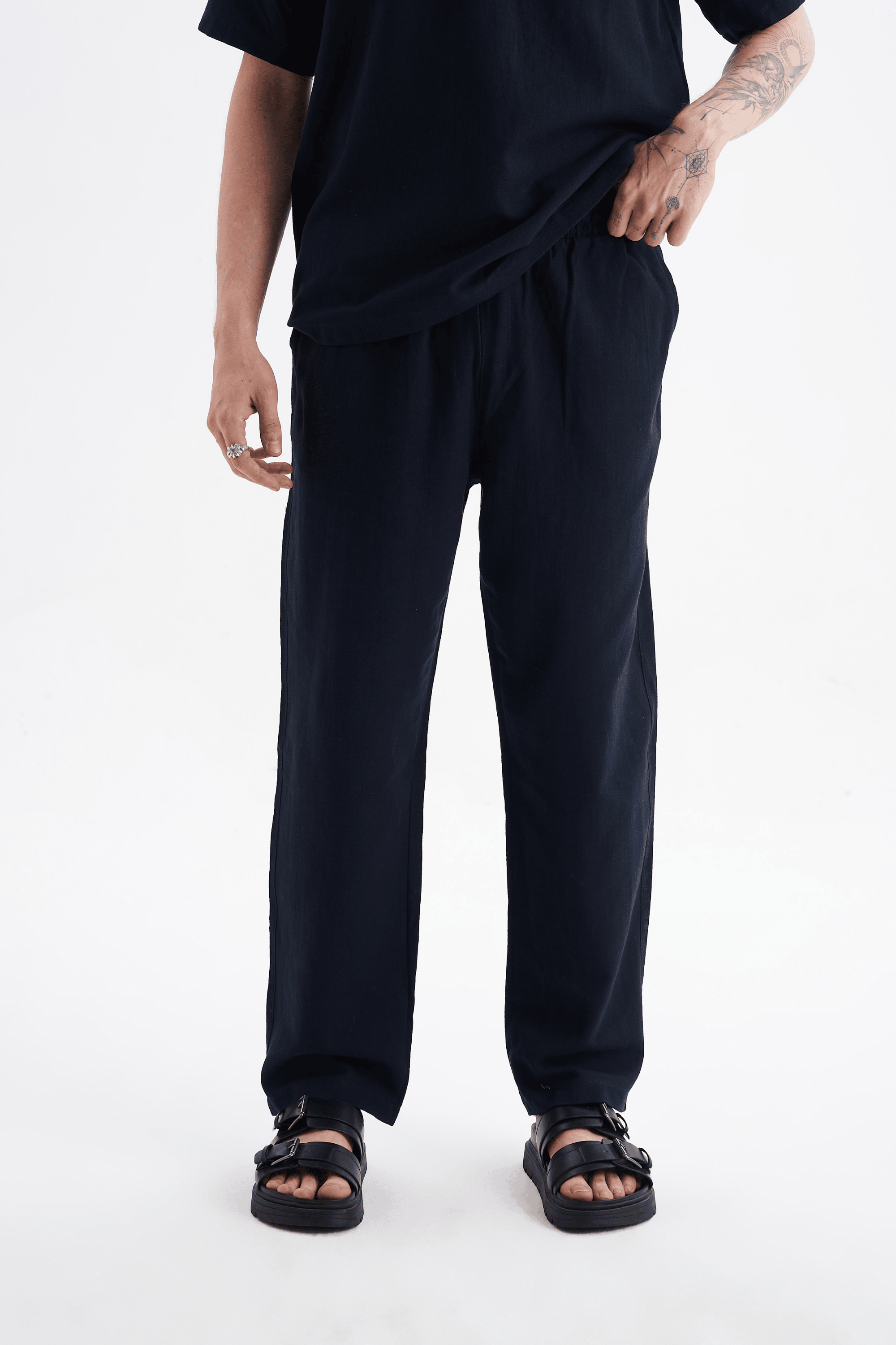 Erkek %100 Pamuklu Keten Görünümlü Pantolon Tshirt Takım Lacivert