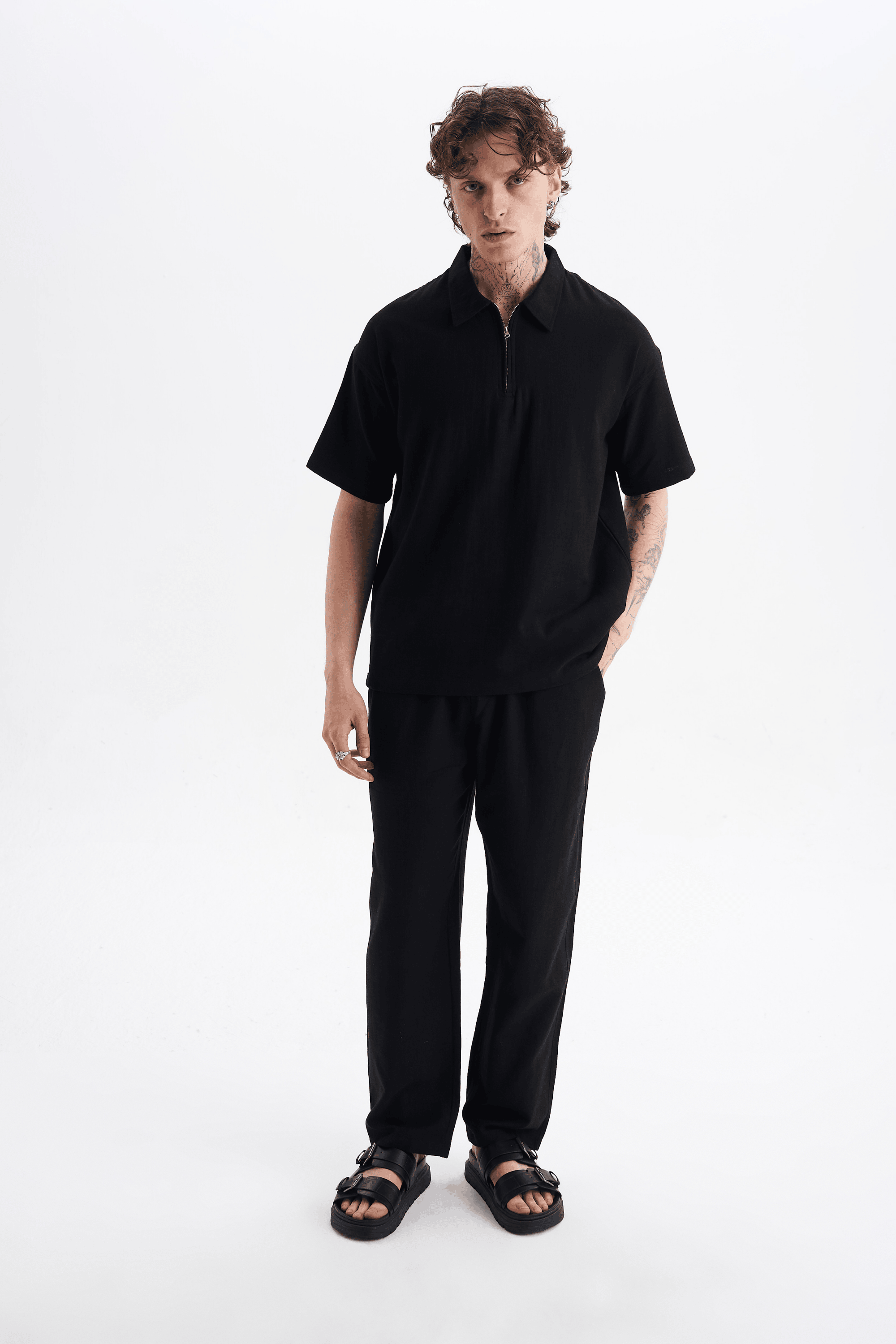 Erkek %100 Pamuklu Keten Görünümlü Pantolon Tshirt Takım Siyah