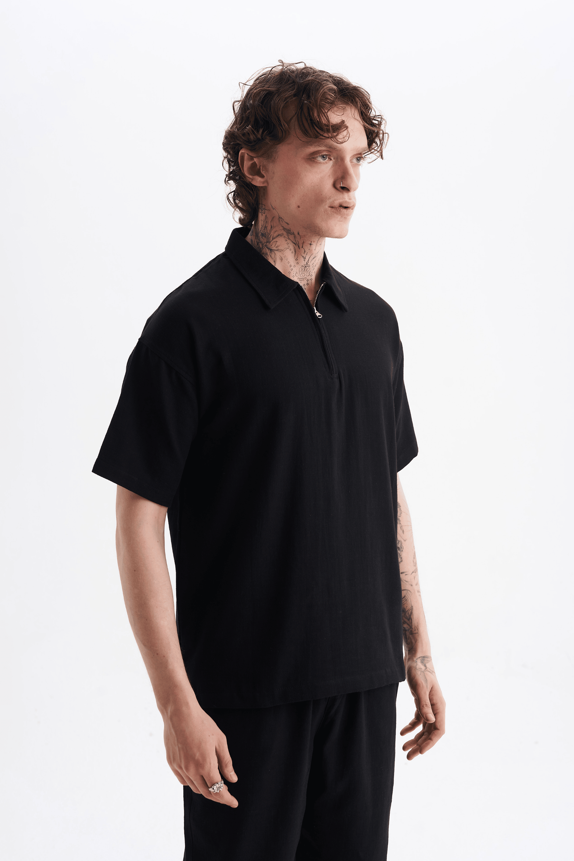 Erkek %100 Pamuklu Keten Görünümlü Pantolon Tshirt Takım Siyah