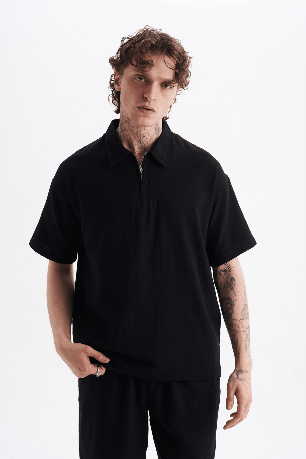 Erkek %100 Pamuklu Keten Görünümlü Pantolon Tshirt Takım Siyah