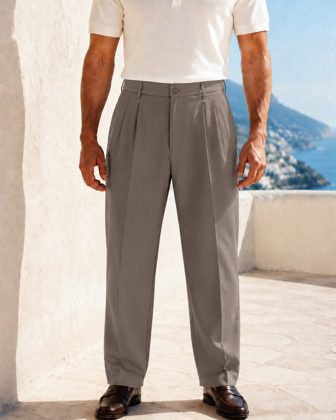 Erkek Baggy Fit Pileli Kumaş Pantolon Vizon 0172DNGR