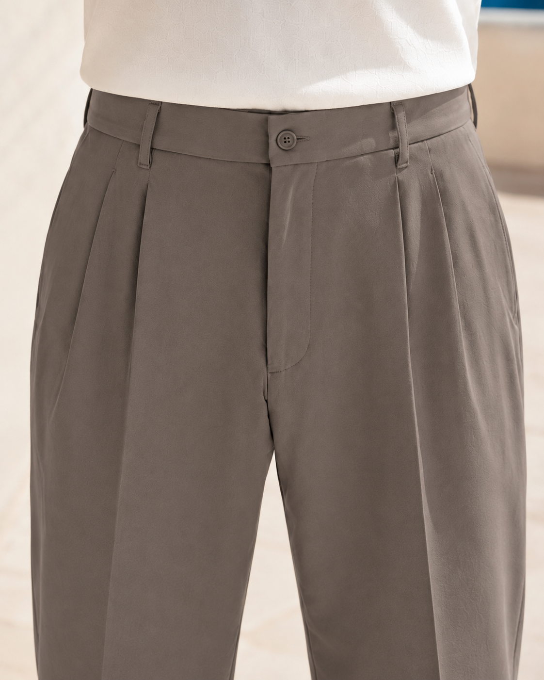 Erkek Baggy Fit Pileli Kumaş Pantolon Vizon 0172DNGR