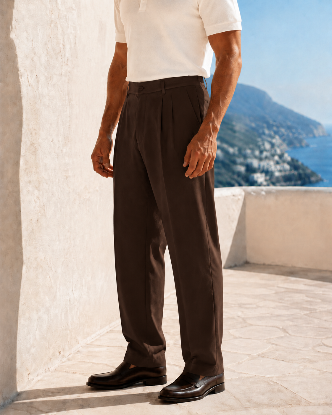 Erkek  Baggy Fit Pileli Kumaş Pantolon Kahverengi 0172DNGR