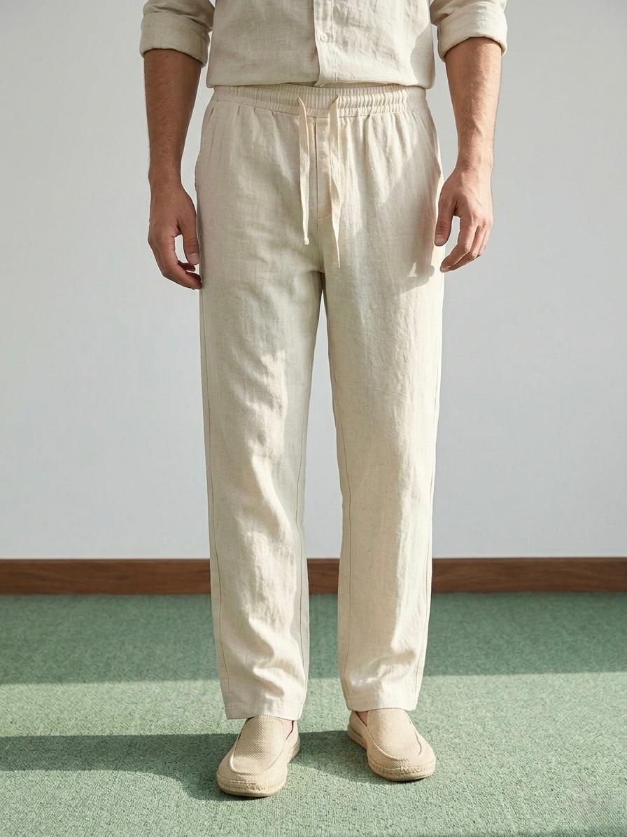 Erkek Baggy Kalıp Beli Lastikli %100 Pamuk Keten Görünümlü Pantolon Bej 1007DNGR