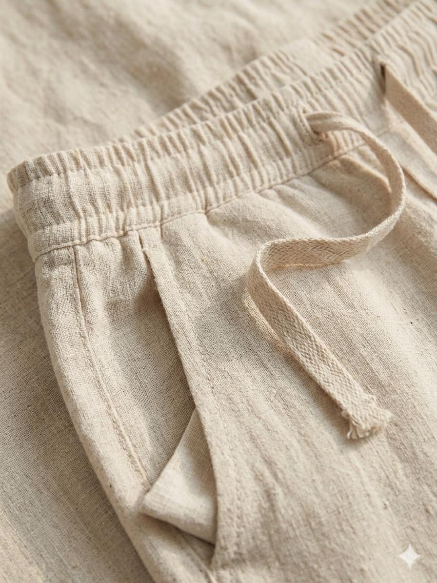 Erkek Baggy Kalıp Beli Lastikli %100 Pamuk Keten Görünümlü Pantolon Bej 1007DNGR