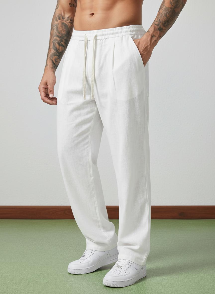 Erkek Baggy Kalıp Beli Lastikli %100 Pamuk Keten Görünümlü Pantolon Ekru 1007DNGR