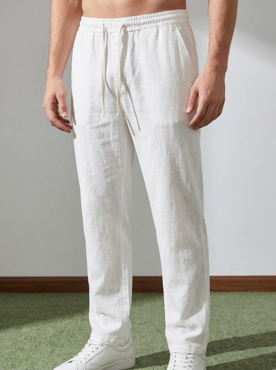 Erkek Baggy Kalıp Beli Lastikli %100 Pamuk Keten Görünümlü Pantolon Ekru 1007DNGR