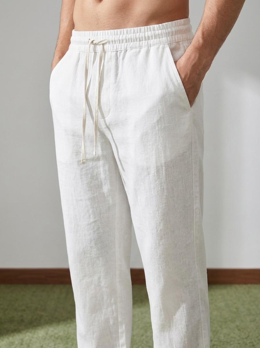 Erkek Baggy Kalıp Beli Lastikli %100 Pamuk Keten Görünümlü Pantolon Ekru 1007DNGR
