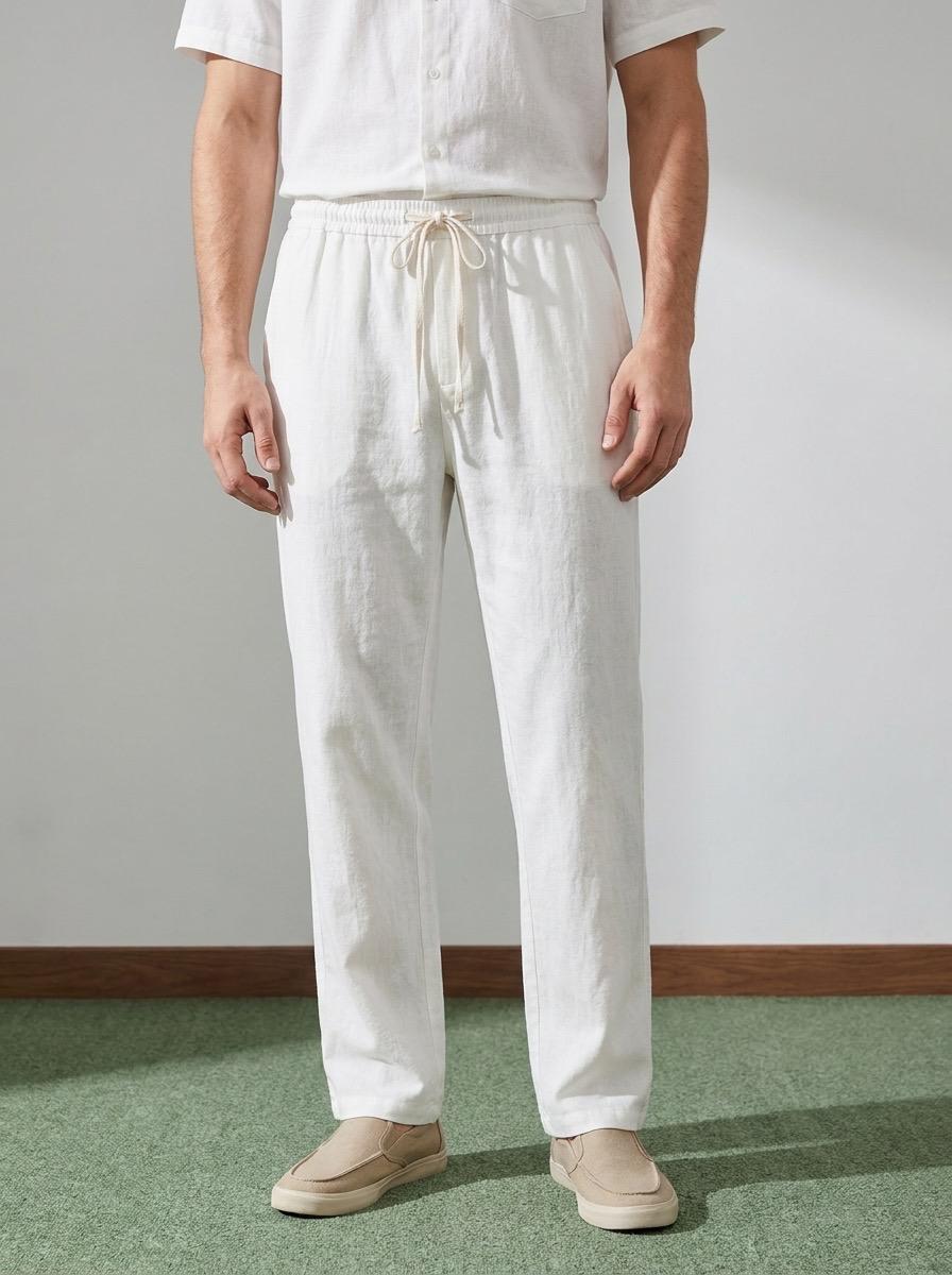 Erkek Baggy Kalıp Beli Lastikli %100 Pamuk Keten Görünümlü Pantolon Ekru 1007DNGR
