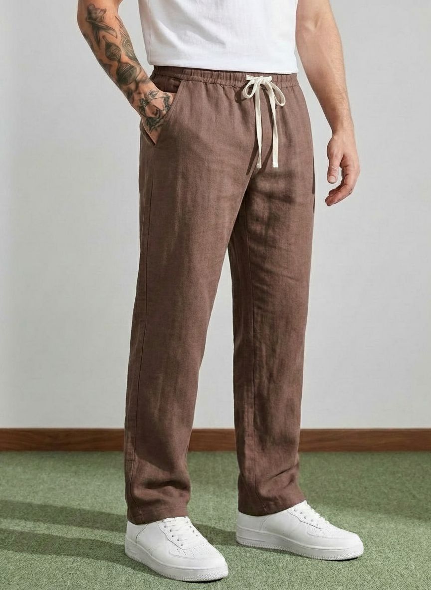 Erkek Baggy Kalıp Beli Lastikli %100 Pamuk Keten Görünümlü Pantolon Kahverengi 1007DNGR