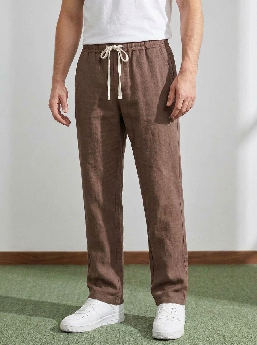 Erkek Baggy Kalıp Beli Lastikli %100 Pamuk Keten Görünümlü Pantolon Kahverengi 1007DNGR