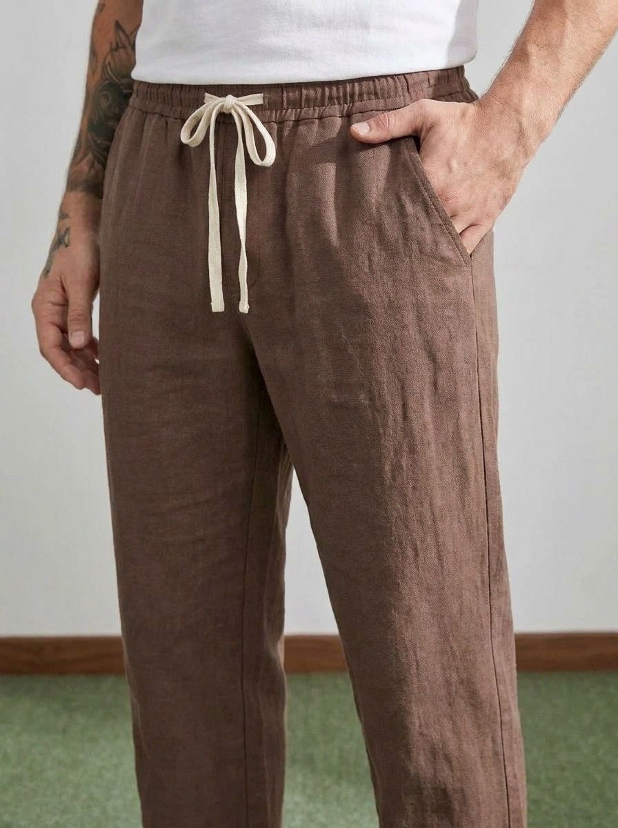Erkek Baggy Kalıp Beli Lastikli %100 Pamuk Keten Görünümlü Pantolon Kahverengi 1007DNGR