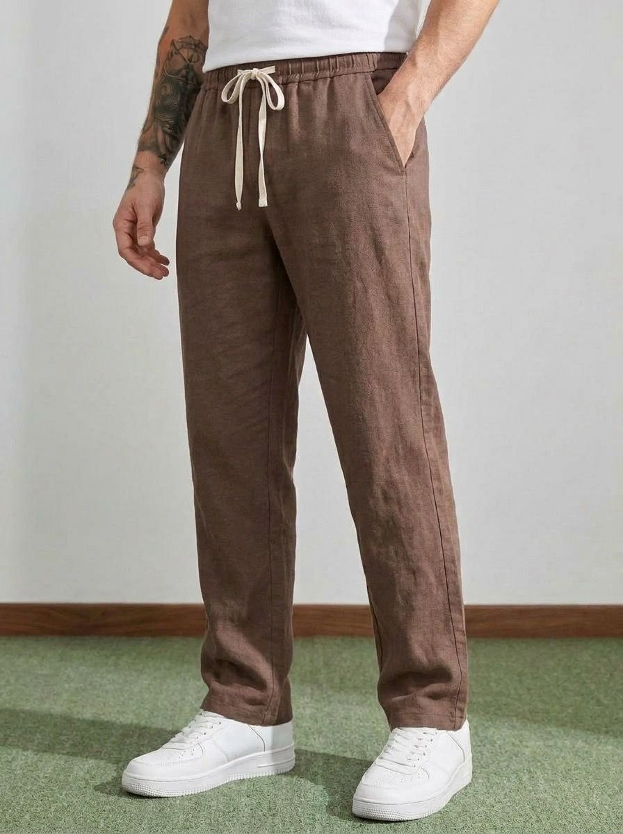 Erkek Baggy Kalıp Beli Lastikli %100 Pamuk Keten Görünümlü Pantolon Kahverengi 1007DNGR