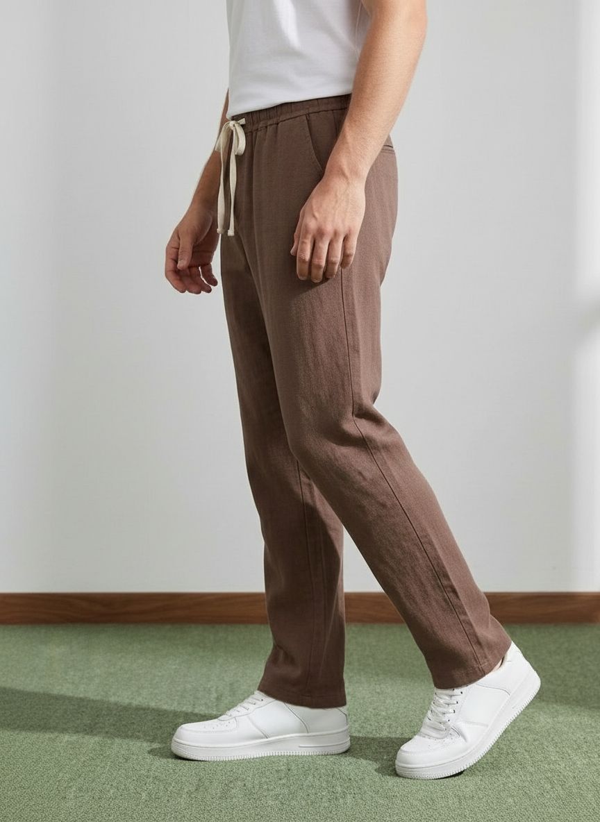 Erkek Baggy Kalıp Beli Lastikli %100 Pamuk Keten Görünümlü Pantolon Kahverengi 1007DNGR