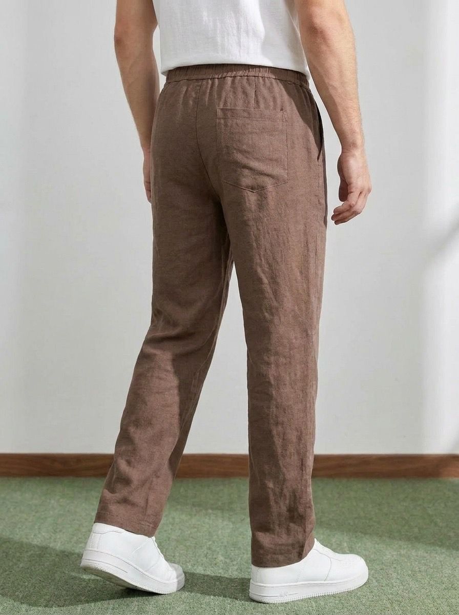 Erkek Baggy Kalıp Beli Lastikli %100 Pamuk Keten Görünümlü Pantolon Kahverengi 1007DNGR