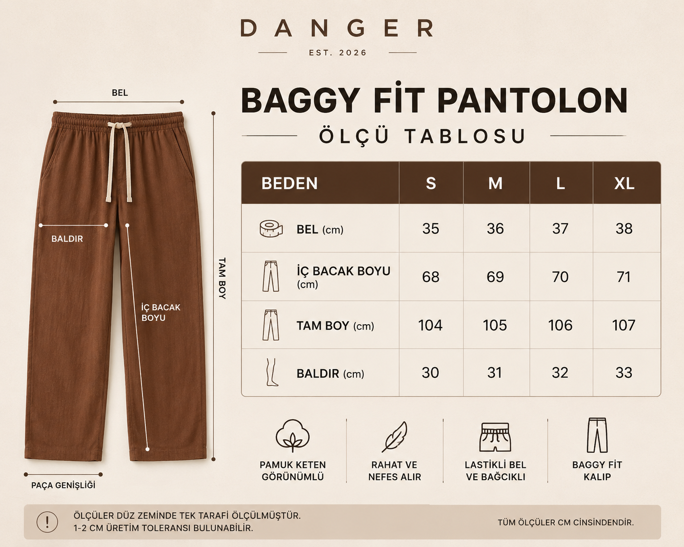 Erkek Baggy Kalıp Beli Lastikli %100 Pamuk Keten Görünümlü Pantolon Kiremit 1007DNGR