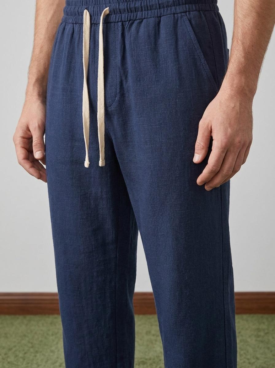 Erkek Baggy Kalıp Beli Lastikli %100 Pamuk Keten Görünümlü Pantolon Lacivert 1007DNGR
