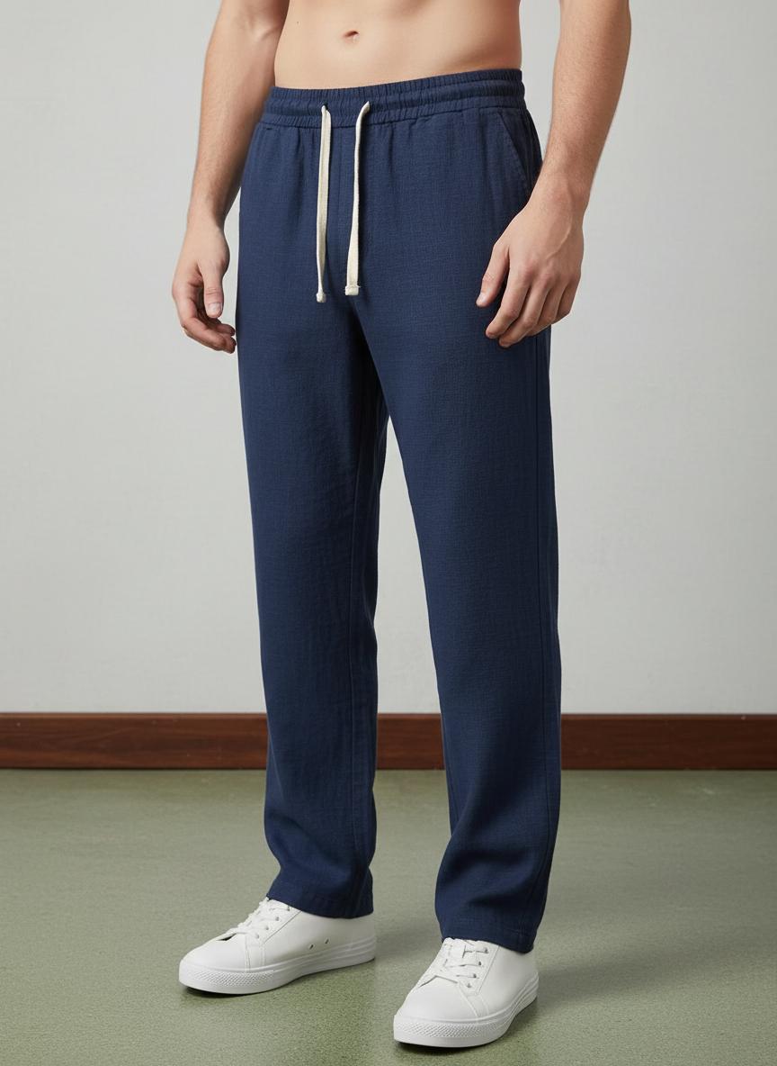 Erkek Baggy Kalıp Beli Lastikli %100 Pamuk Keten Görünümlü Pantolon Lacivert 1007DNGR