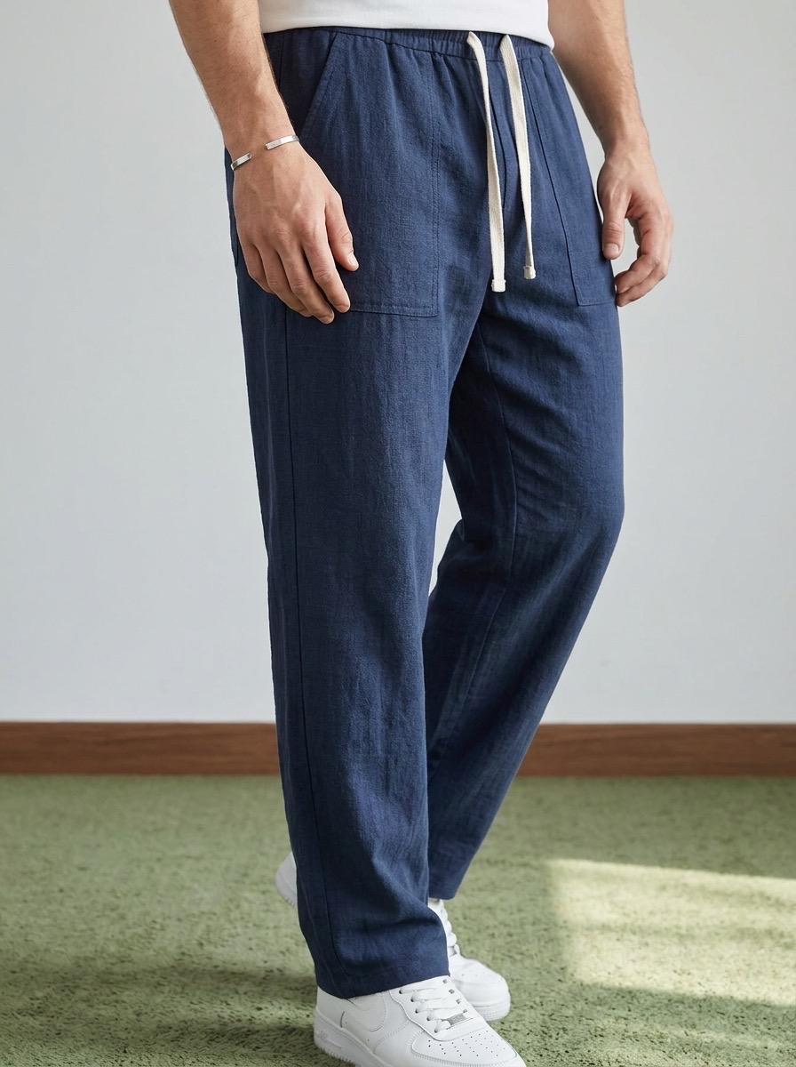 Erkek Baggy Kalıp Beli Lastikli %100 Pamuk Keten Görünümlü Pantolon Lacivert 1007DNGR