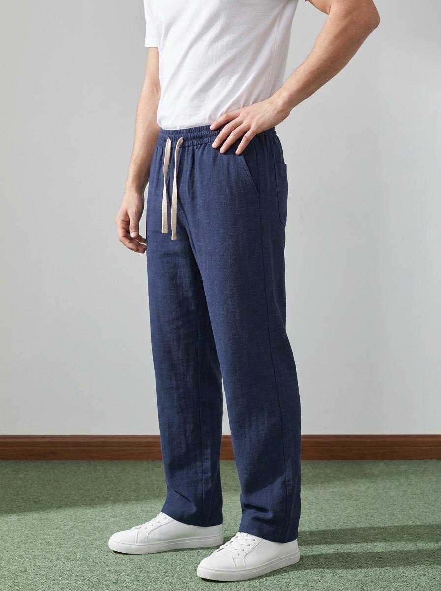 Erkek Baggy Kalıp Beli Lastikli %100 Pamuk Keten Görünümlü Pantolon Lacivert 1007DNGR