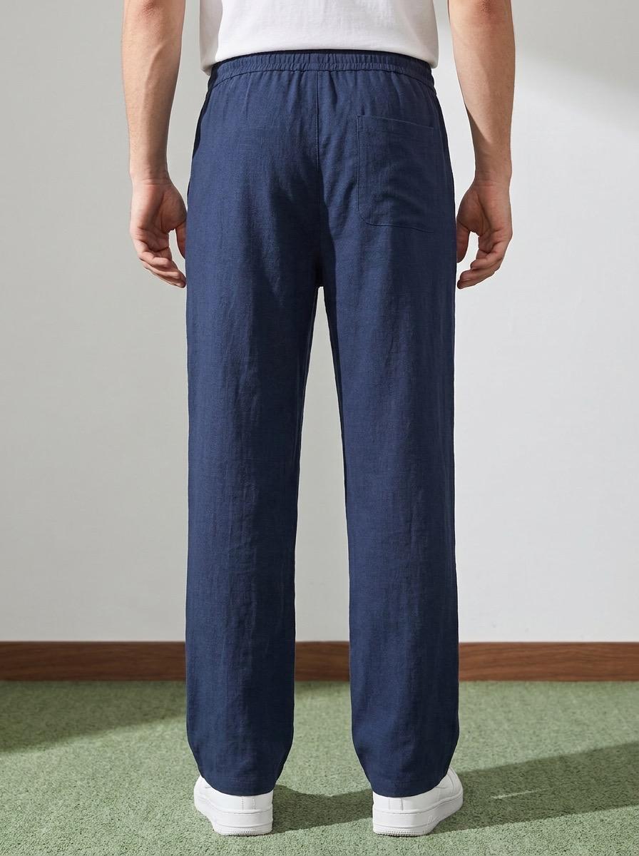 Erkek Baggy Kalıp Beli Lastikli %100 Pamuk Keten Görünümlü Pantolon Lacivert 1007DNGR